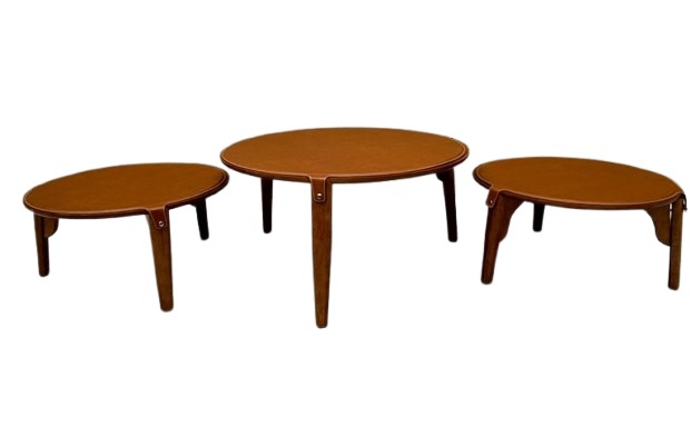 Mesa centro trio couro. natural madeira  0.80x0.40 e 0.60x0.30  - Galeria